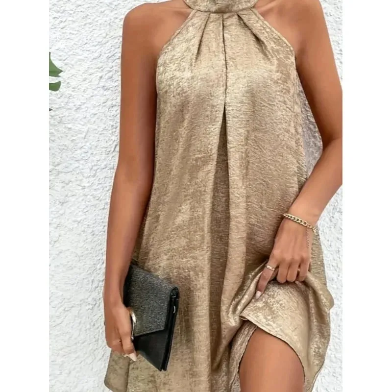 Champagne Color Women's Halter Neck Cold Shoulder Tie-Back Spaghetti Strap Sleeveless Summer Dress Fashion