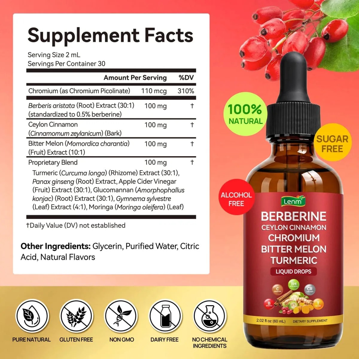 Berberine Complex Drops Metabolic Support 100% Natural Sugar & Alcohol Free Healthy Blood Sugar Balance & Digestive Health