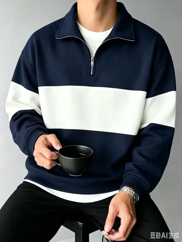 Autumn and Winter Color Blocking printed Men's Clothes Casual Half Zip Long Sleeve Sweatshirts Street Trend Stand Collar Hoodies