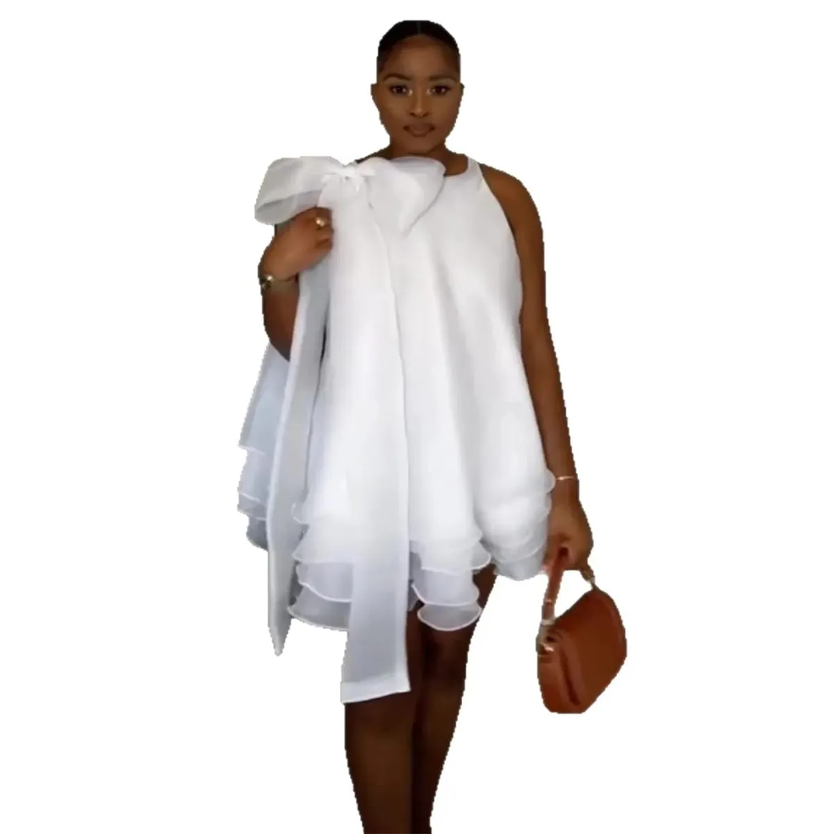 Elgant Party Evening Mini Dress for Women's Sleeveless Ruffle Bowneck White Chiffon Wedding Guest Beach Summer Dress 2026