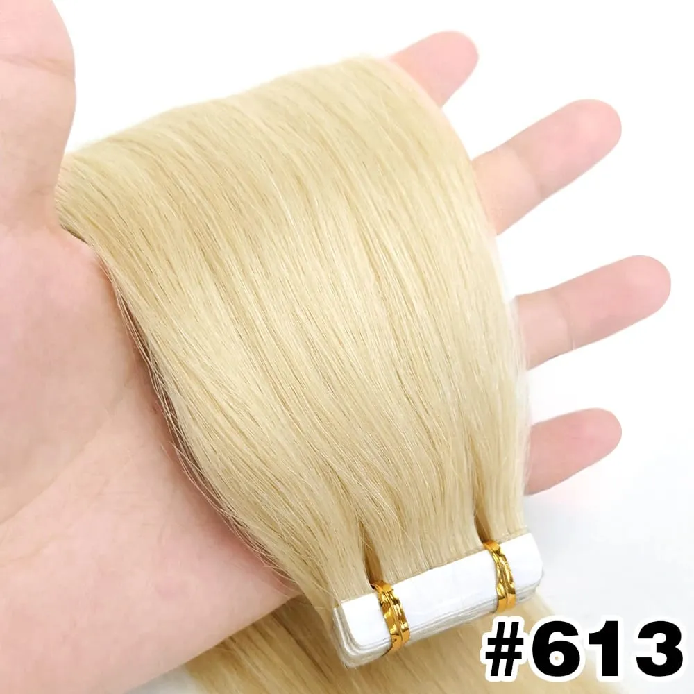 Tape In Hair Extensions Human Hair Natural Color Silk Soft Straight Seamless Invisible Tape In Extensions Color #2 for Women 50G