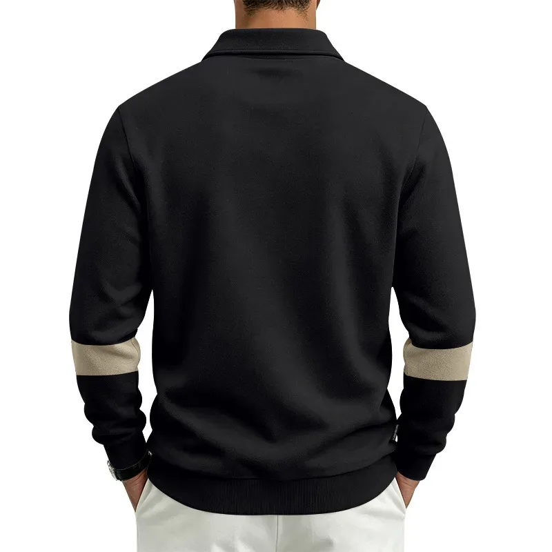 Men Lapel Polo Sweatshirt, Color Block Long Sleeve Pullover, Loose Solid Casual Top for Spring Autumn Daily Outfit
