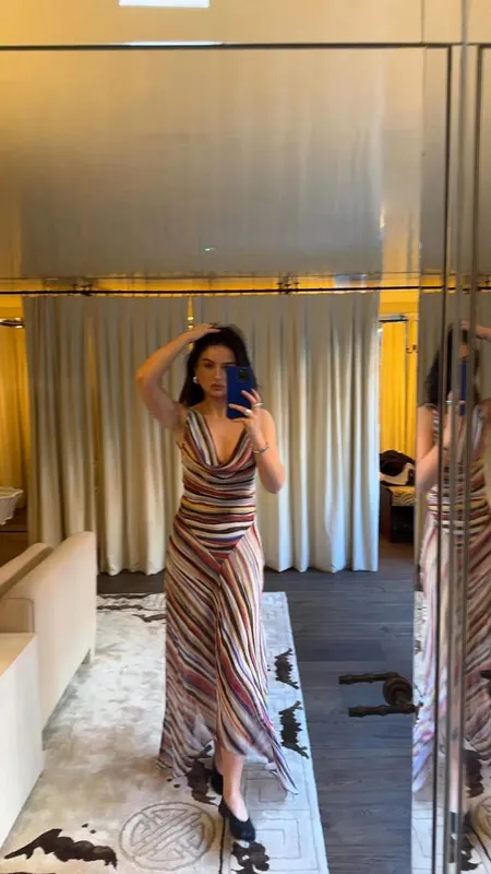 Linen-feel Vertical Stripe Long Sleeve Wrap Maxi Dress V Neck Asymmetrical Hem Vacation Dress Suitable For Daily Commute Wear