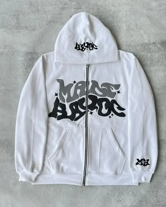 Zipper hooded sweatshirt with retro American letters suitable for men and women wearing Y2K jacket autumn/winter cardigan