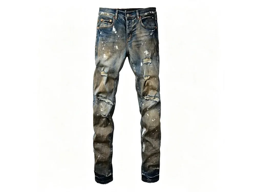 Men's Multiple Ripped Slim Tapered Jeans Vintage Blue Gradient Wash White Paint Splatter Button Fly High Street Style