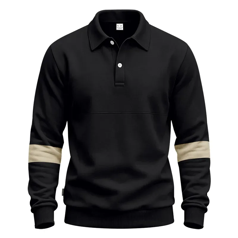 Men Lapel Polo Sweatshirt, Color Block Long Sleeve Pullover, Loose Solid Casual Top for Spring Autumn Daily Outfit