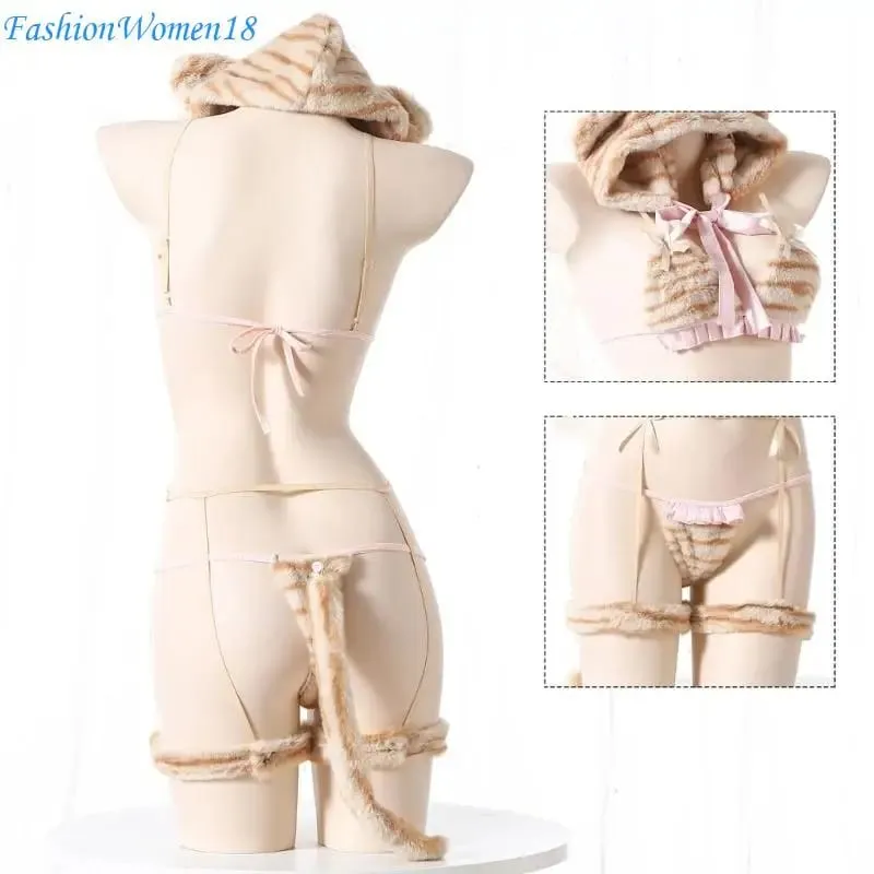 Anime Lingerie Furry Bra Panty Cap Tigers Tail Tigers Cosplay Lingerie Costume Set 57BD
