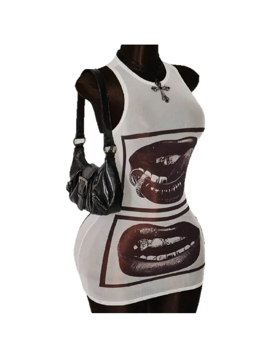 2026 New y2k Summer Lips Printed Sleeveless Bag Hip Round Neck Sleeveless Dress Punk Street Trend Fashion Personality Spicy Girl