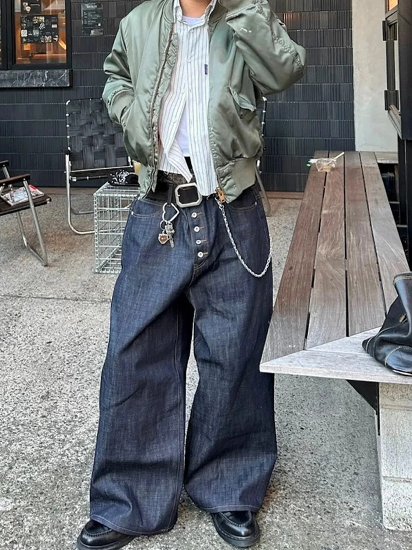 Men Women High Street Jeans American Retro Button Up Baggy Denim Dark Blue Original Vintage Casual Streetwear Trousers — image 5