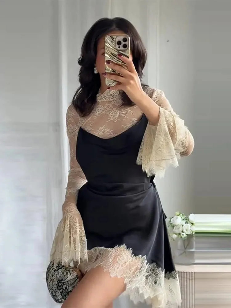 Elegant Satin Floral Lace Patchwork Mini Dress For Women Irregular Hem Long Sleeve Dresses Lady 2026 Chic Evening Party Vestidos