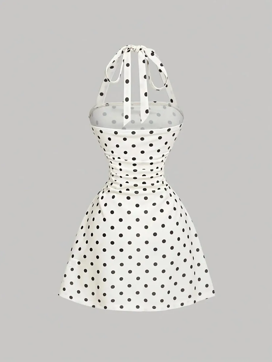Ladies Summer Halter Mini Dress Polka Dot Pattern Graduation Ceremony Music Festival Dance Party Vacation Suitable