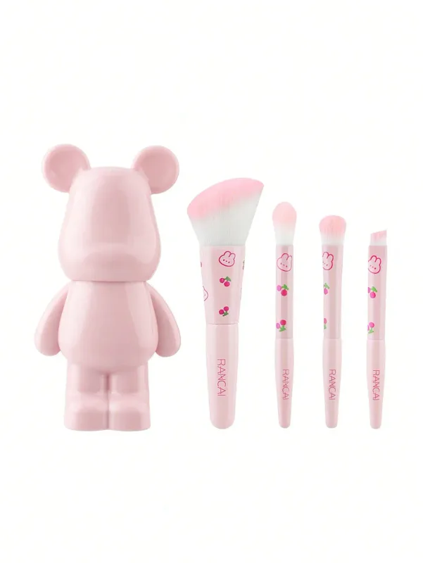 4‑Pcs Cherry Print Makeup Brush Set With Cute Bear‑shaped Storage Case Soft Bristle Blush Eyeshadow Detail Make‑up Brushes Kit