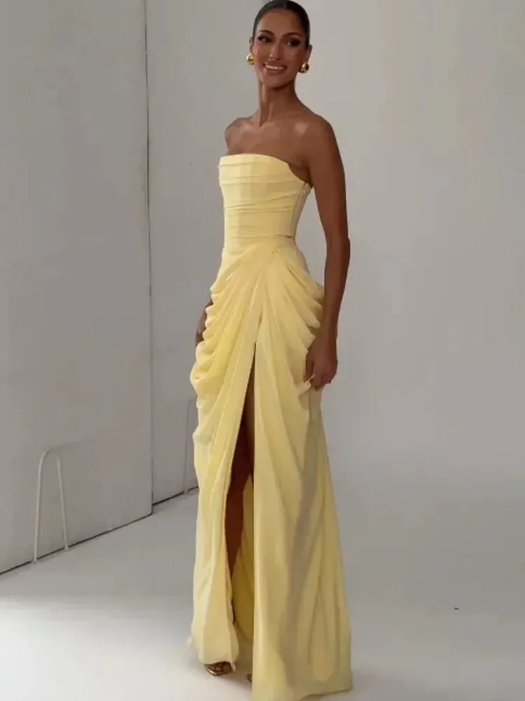 Elegant Yellow Strapless Pleated Dress Women Chic Sleeveless Waist Cinching Split Maxi Gowns 2026 Summer Lady Evening Party Robe — image 3