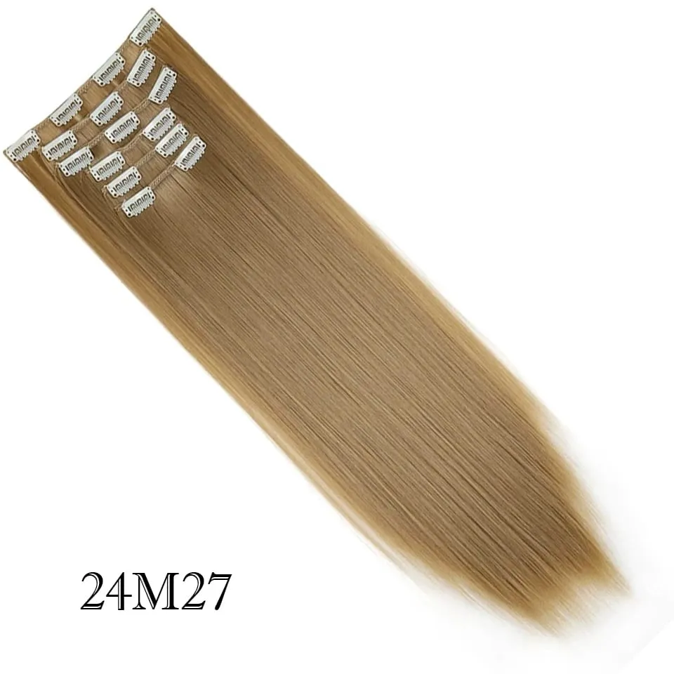 6Pcs/Set Clip In Hair Extension Synthetic Highlights Blonde Long Straight Hairpiece Full Head Thick Hairpieces for Women Girls