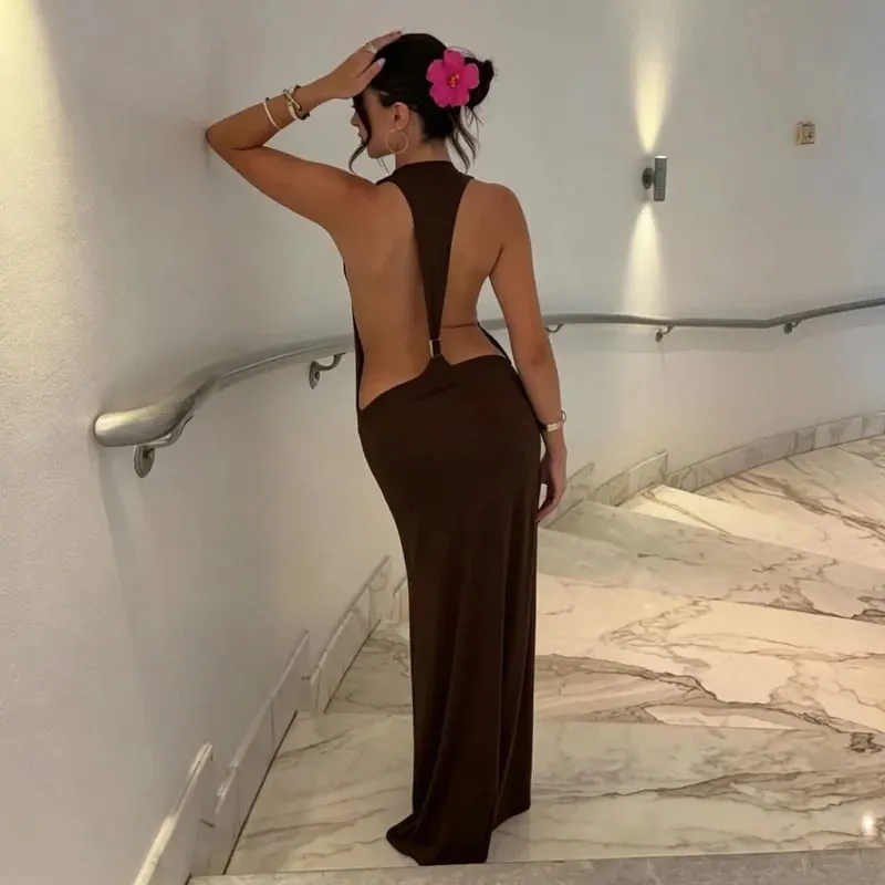 Tossy femmes licou dos nu moulante Maxi robe dos ouvert Spaghetti sangle or anneau robe de soirée été plage longue robe