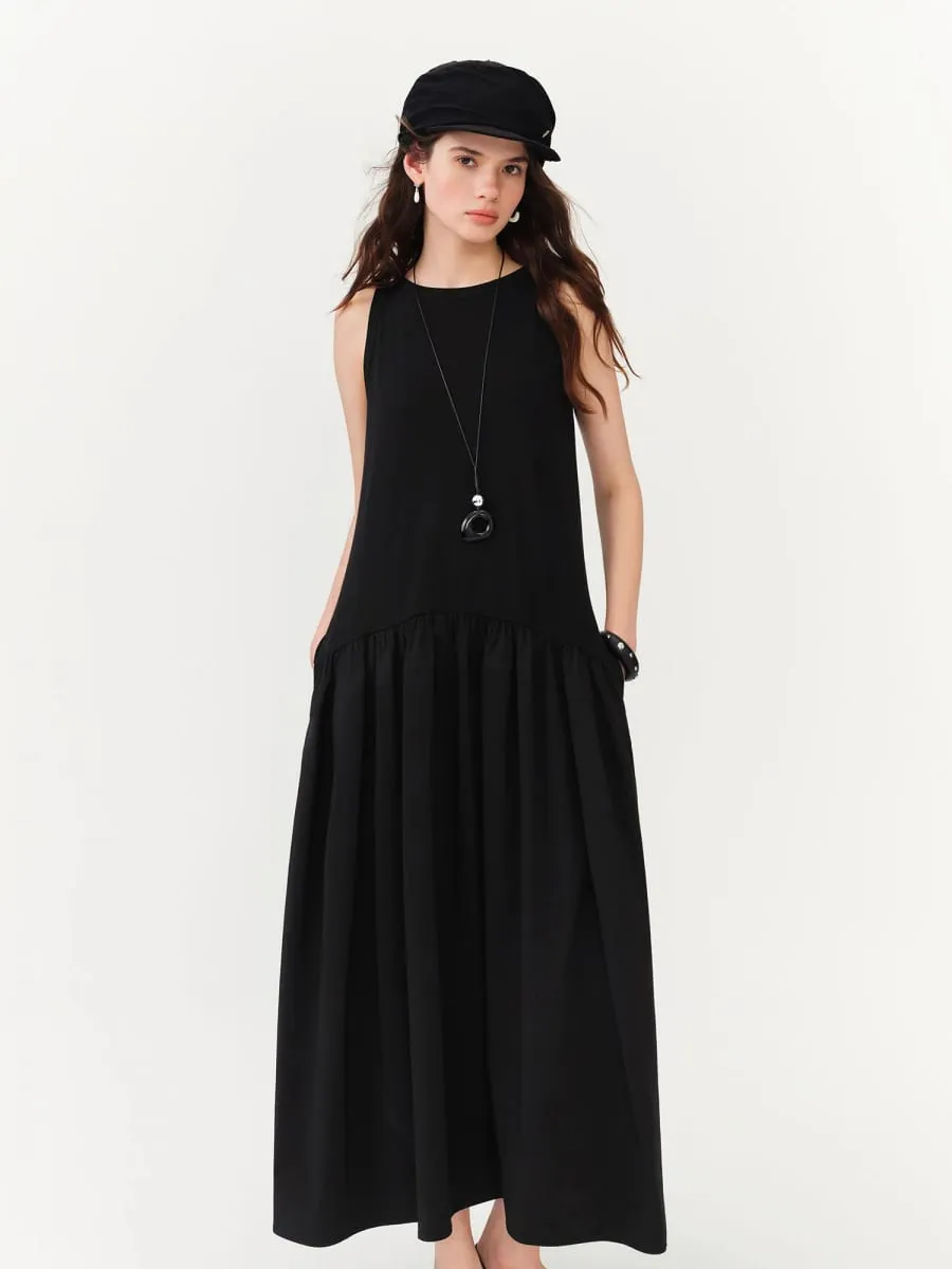Women's Minimalist Commute Sleeveless Crew Neck Slim Fit Tank Dress 2026 Summer New Arrival Elegant Black Long Daily Dress