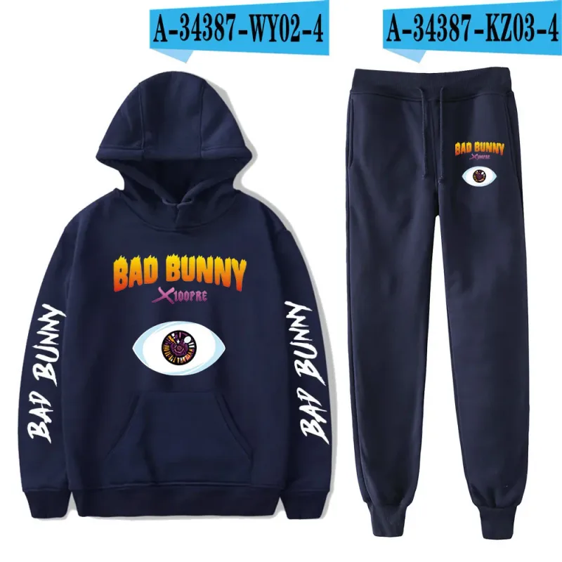Harajuku Comfortable Funny bad bunny Print Sweatshirt Sweatpants Suit Men/Women Hoodies+ Trousers Suit Cute 2 Piece Set Clothes
