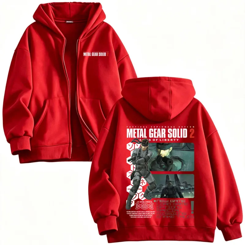 Metal Gear Solid 2 Sons of Liberty MGS2 Solid Snake Game Zipper Hoodies Men Women Fleece Zip Up Hooded Sweatshirts Jackets Coats