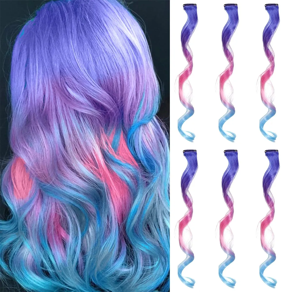 6PCS Ombre Clip In Hair Extensions Synthetic Body Wave Long Wavy Rainbow Highlight For Women Party Cosplay Festival Hair — image 11