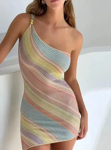 Women Rainbow Stripe Knit Maxi Dress One Shoulder Single Strap Side Split Bodycon Vestidos Summer Beach Vacation Party Robe 2026