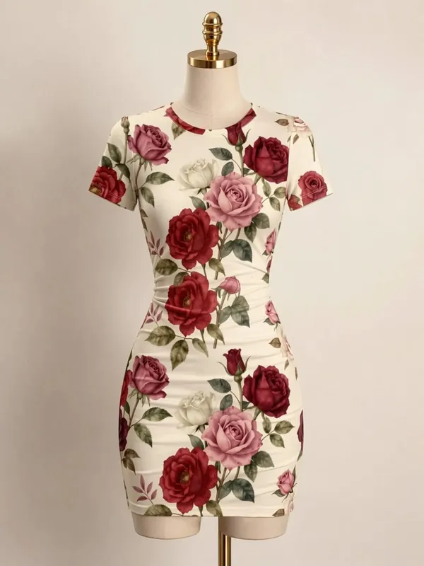 Womens Short Sleeve Bodycon Mini Dress Slim Fit Crew Neck Floral Print Casual Summer Party Cute Elegant Smooth Vacation Sundress — image 7