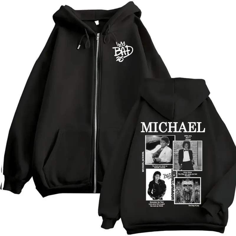 King of Pop Michael Jackson Bad Era Zipper Hoodie Men Women Harajuku Streetwear Jacket Sweatshirt Fleece Casual Zip Up Pullovers