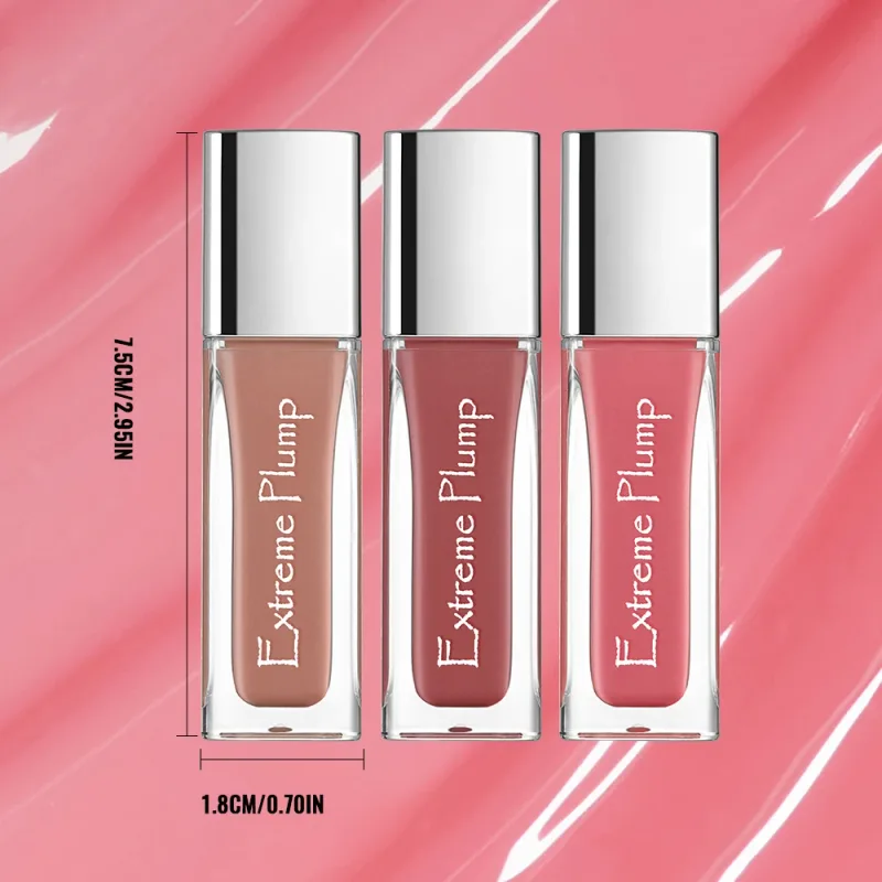 3 stk Extreme Plump Lip Gloss Sæt Spejlglas Finish Langvarig Hydrating Lip Glaze Ikke-klæbende Vandtæt nøgen flydende læbestift — image 6