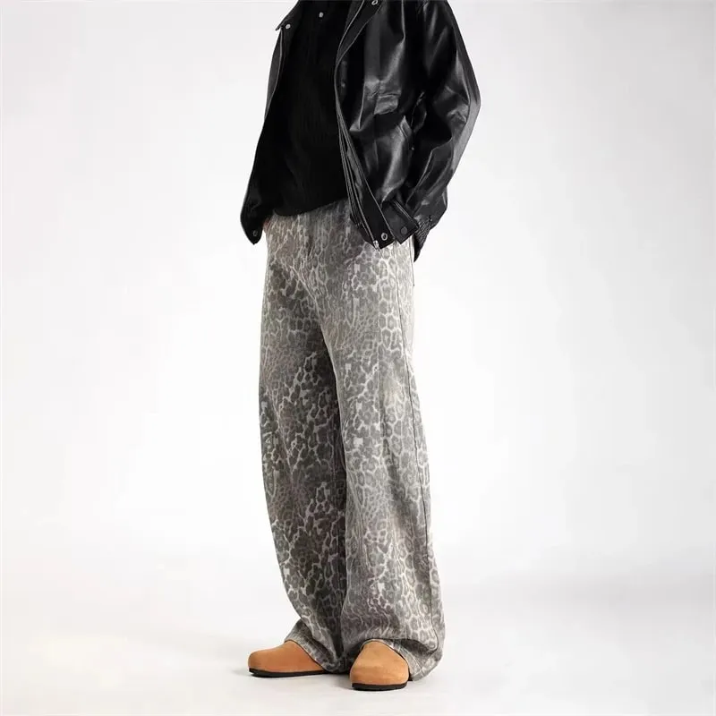 2026 New Vintage Distressed Leopard Printed Y2K Jeans Men's High Street Baggy Curved Denim Pants Hip Hop Fashion Punk Jean — image 5