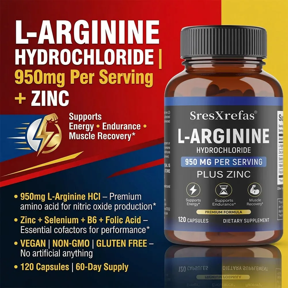 Men's L-Arginine 950mg Capsules - Supports Blood Circulation Workout Endurance & Muscle Growth Mercury for Adult 120 Capsules