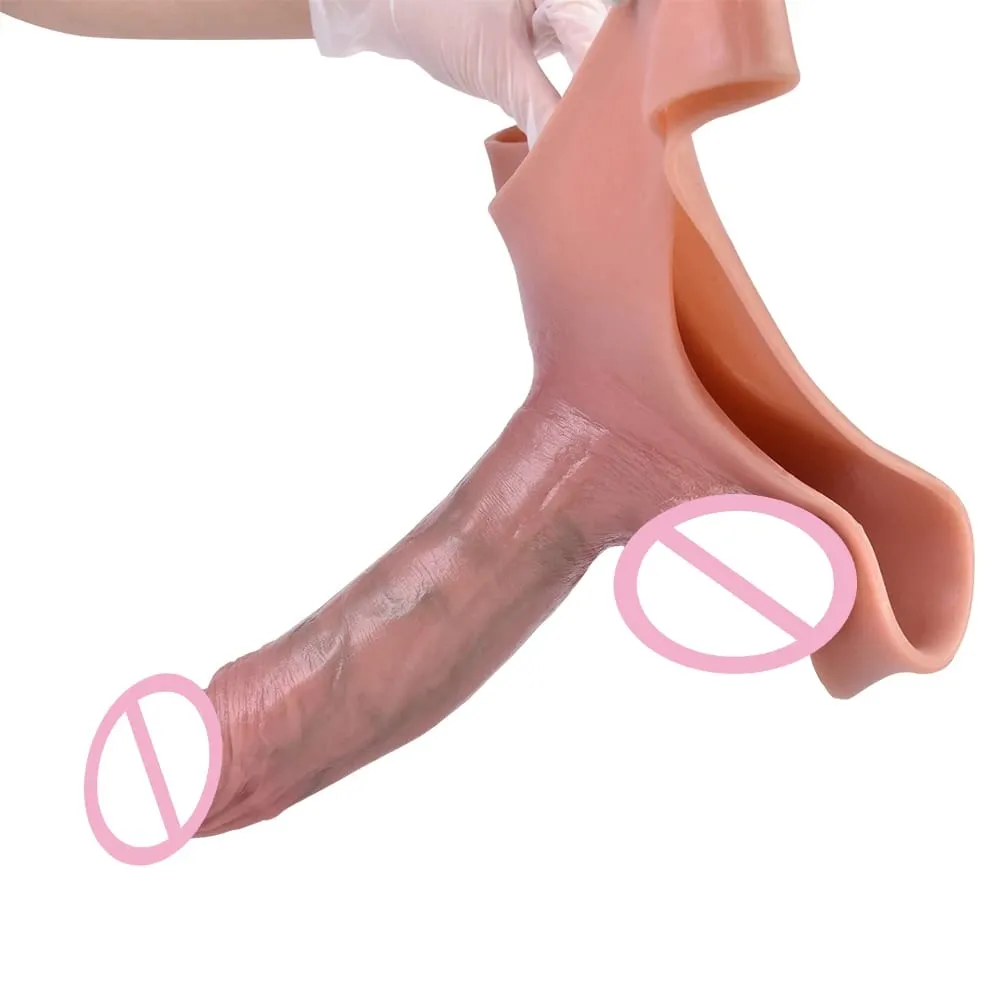 Hollow Dildo Pants Skin Feeling Strapon Penis Sleeve Panties With Real Vein Male Reusable Condom Dick Enlargement Sex Toy