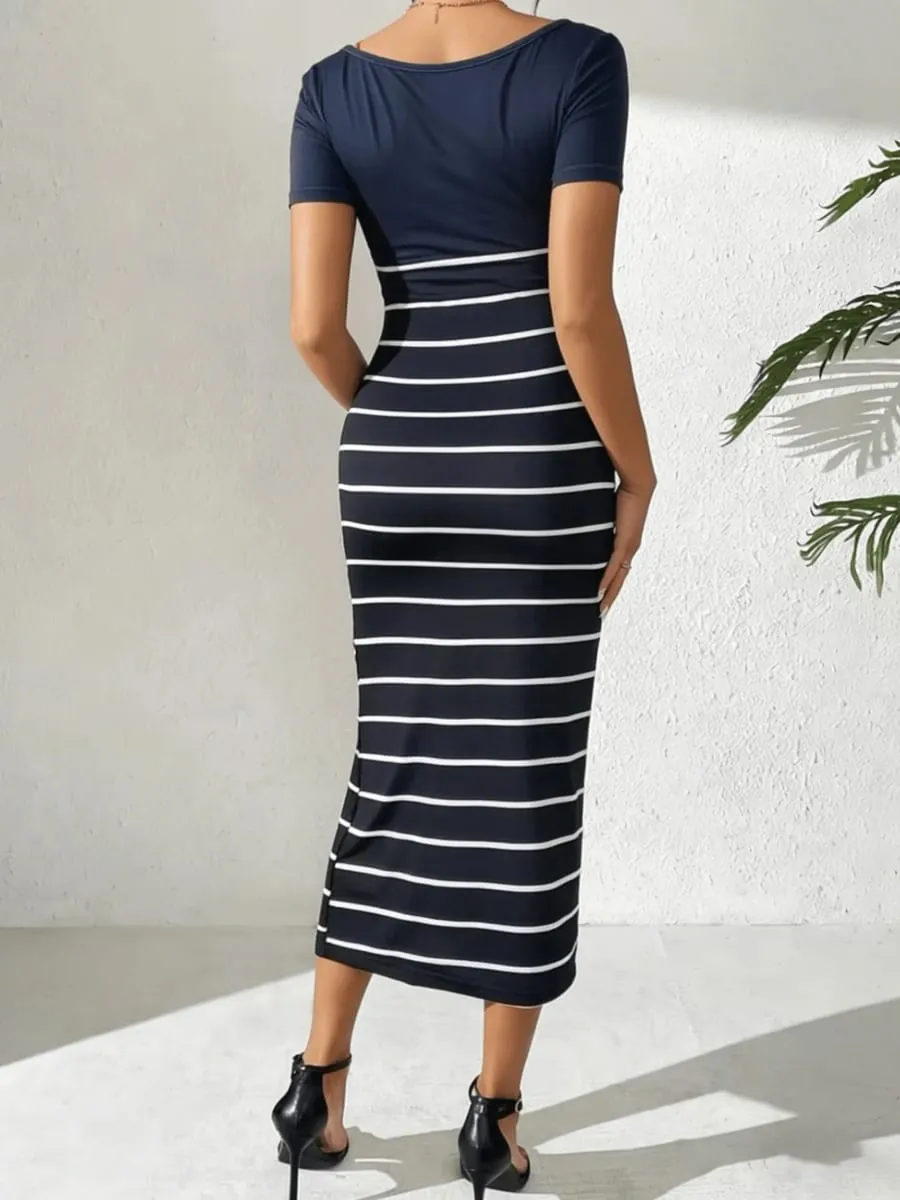 Women's Casual Elegant Comfortable round Neck Short Sleeve Solid Color Dress with Horizontal Stripe Slit Long Skirt