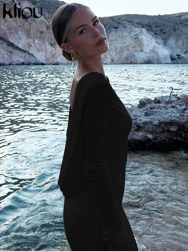 kliou Solid Elegant Women Maxi Dress Simple Fall Classic Trend Full Sleeve Swinging Backless Sheath Vestidos Mujer Evening Robe