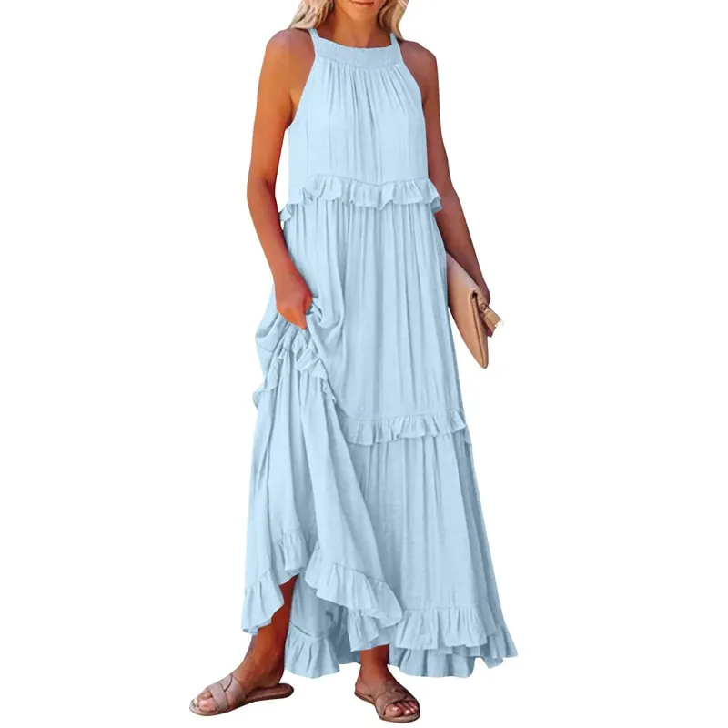 Women Casual Solid Ruffles Long Dress Summer Elegant Sleeveless Sundress Elegant Harajuku Maxi Dress Beach Party Evening Vestido
