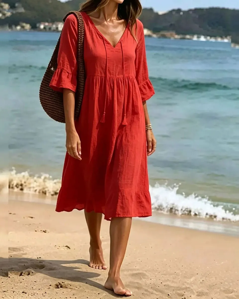 Women V Neck Tassel Drawstring Tiered Midi Dress 3/4 Flare Sleeve Loose Casual Beach Vacation Dress For Summer
