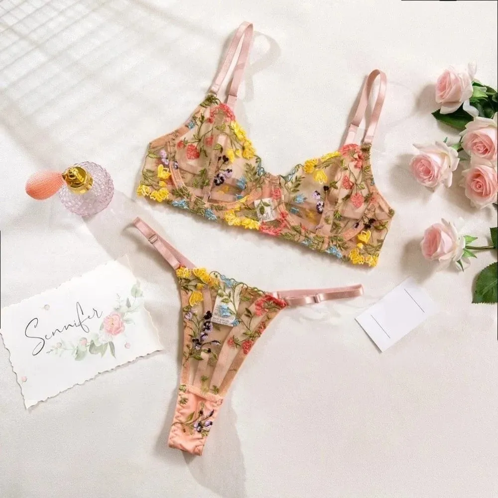 Sheer Intimates Transparent Lingerie Set Push Up Ultra-thin Embroidery Floral Underwear Elegant Bra Suit Women