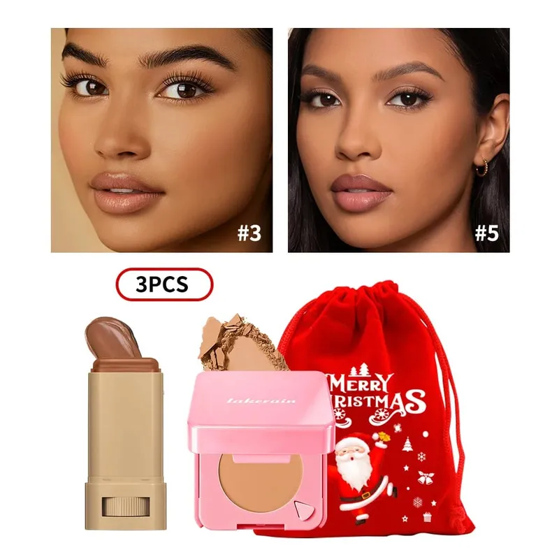 3Pcs Foundation Stick Face Pressed Powder Compact with Christmas Drawstring Bag Long Lasting Matte Face Cosmetic Christmas Gift