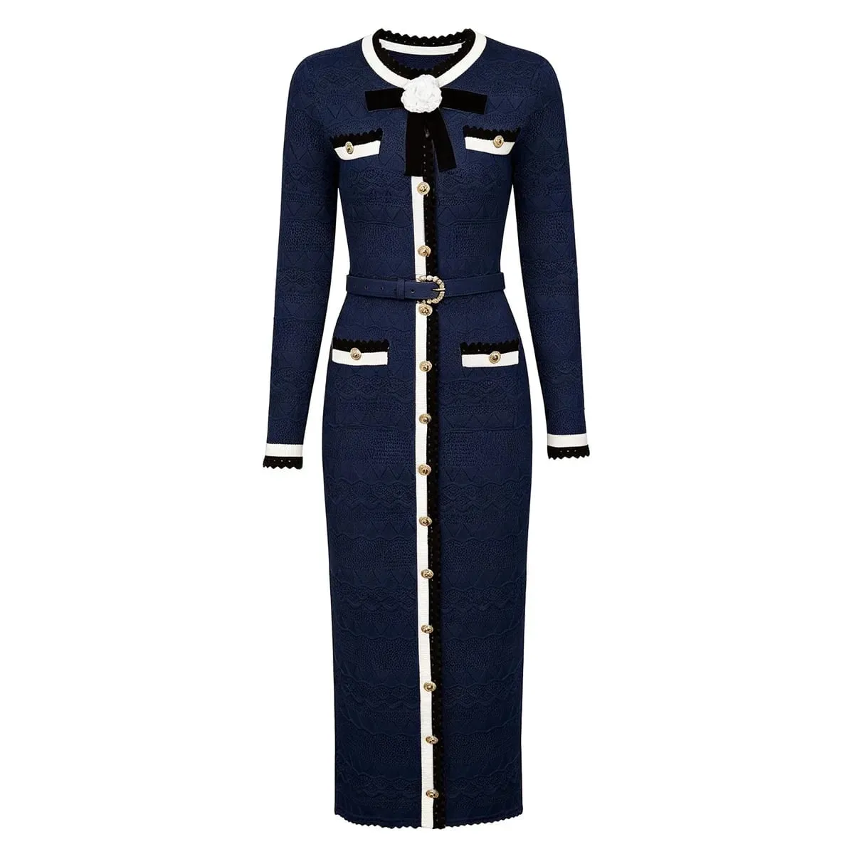Autumn Winter Long Knitting Sweater Dresses Woman 2026 Fashion 3D Floral Hit Color Midi Straight Party Casual Dress Blue