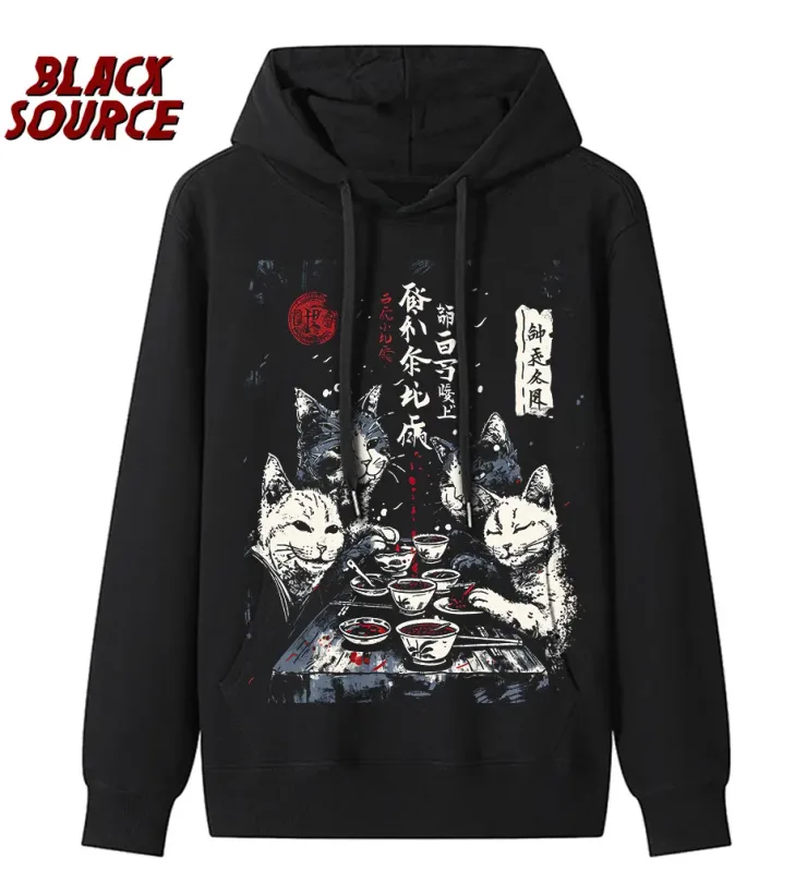 T126 Funny Cat Graphic Hoodie, Japanese Cat Printed Pullover Sweatshirt, Men's Women's Harajuku Casual Streetwear — image 14