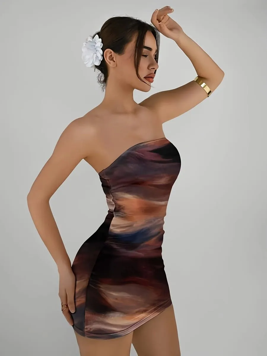 Elegant Women's Knitted Gradient Print Mini Dress Spring Summer New Style Party Holiday Sexy Strapless Slim Fit Gown