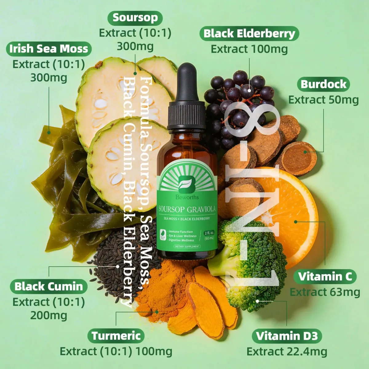 Gota de extracto natural de guanábana y graviola Respalda la inmunidad y la salud digestiva Desintoxicación y limpieza Sin gluten SIN AZÚCAR