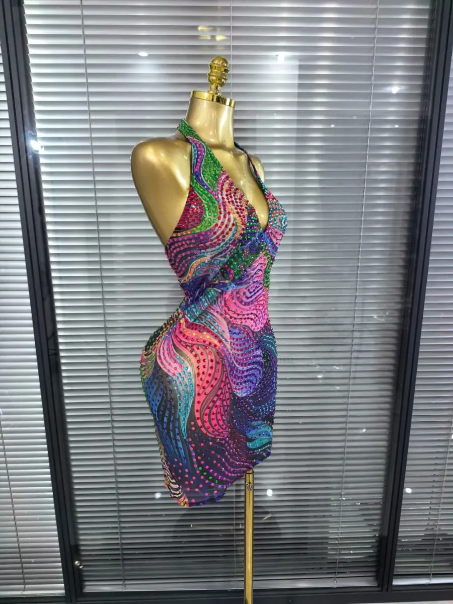 Blue Color Women Sexy Halter Backless Shinning Chain Bodycon Mini Dress Celebrate Nightclub Party Performance Costume Stage Wear