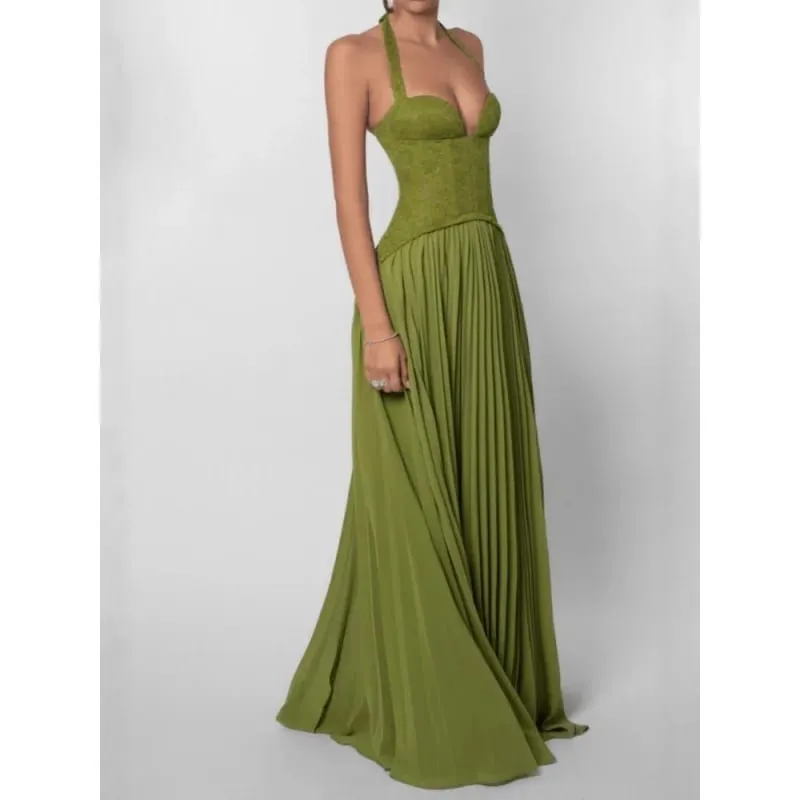 Green Fishbone Corset Halter Maxi Dress Women Backless Off Shoulder Pleated Patchwork Slim Dresses Lady Christmas Party Gown New