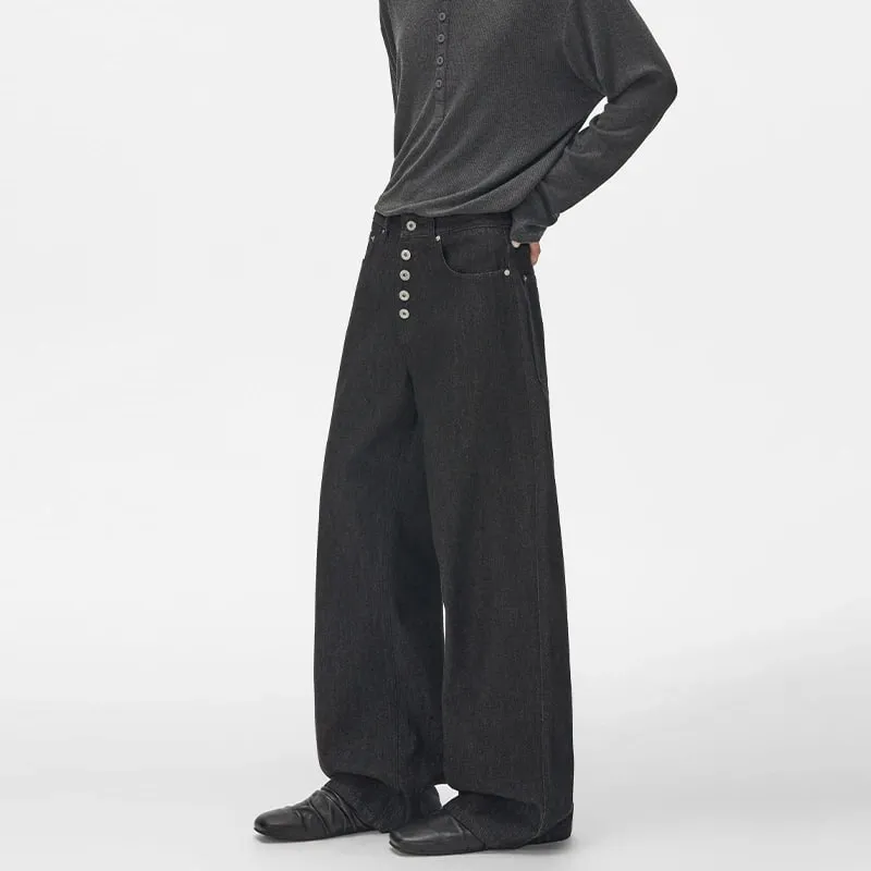 Autumn New Black Men's Loose Casual Raw Denim Versatile Long Pants Wheat Ear Front Button Design Straight Cut Jeans 9X4149 — image 3