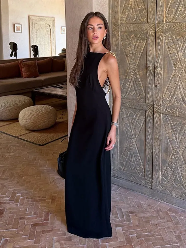 Vintage Beads Backless Black Women's Summer Dress Square Collar Sleeveless Beach Sling Sundress 2026 Lady Holiday Party Robes
