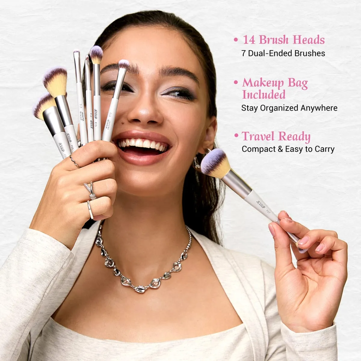 Jessup Make-up-Pinsel-Set, 3/7-teilig, Dual-Ended Synthetic Foundation Blush Highlight Blending Augenbrauenpinsel mit Tasche, Quiet Grey T520
