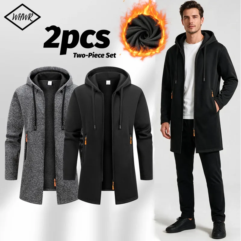 2Pcs Set Men Mid-Length Full Zip Hooded Jacket Fleece Lined Warm Coat with Drawstring Hood & Zipper Pockets Casual Outerwear for Fall Winter Daily Wear