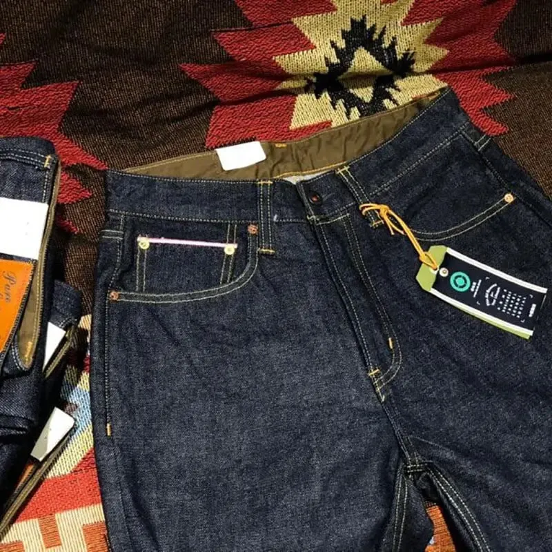 14oz 100% Cotton Heavyweight Sakura Red Selvedge Washed Desized Denim Jeans Loose Straight American Retro Amekaji Workwear Pants