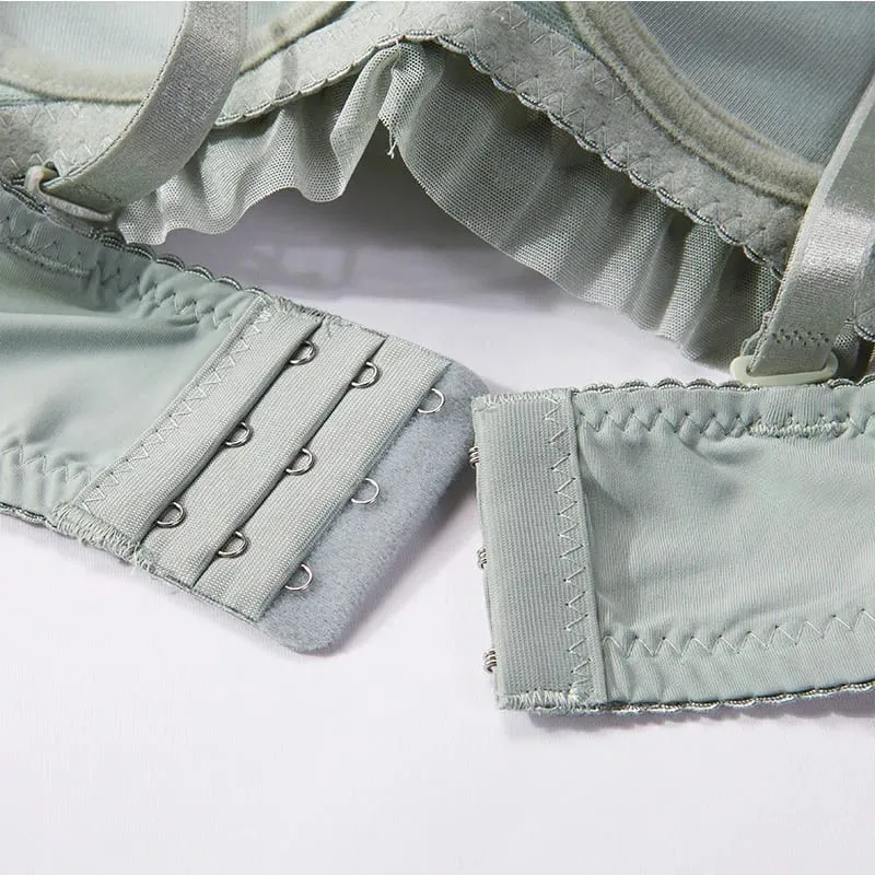 Women Lingerie Set Soft Memory Wire Ruffle Lace Bow Decor Intimate Underwear Suit No Pads Thin Breathable Adjustable Straps