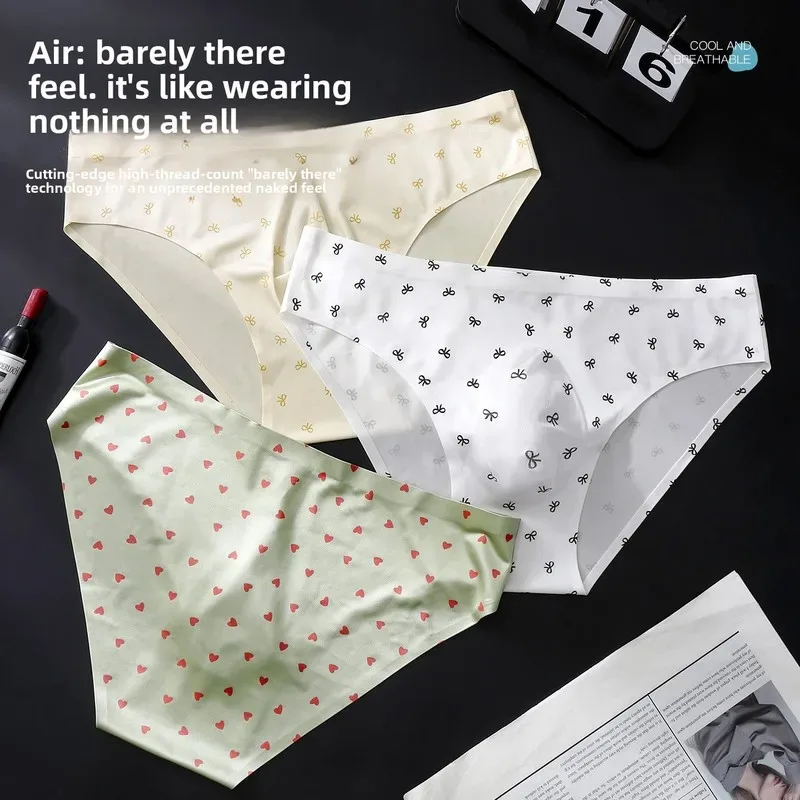 Male Seamless Ice Silk Briefs Cute Heart Bowknot Print 3D Molded Pouch Low Rise Soft Breathable Men Underpants — image 3