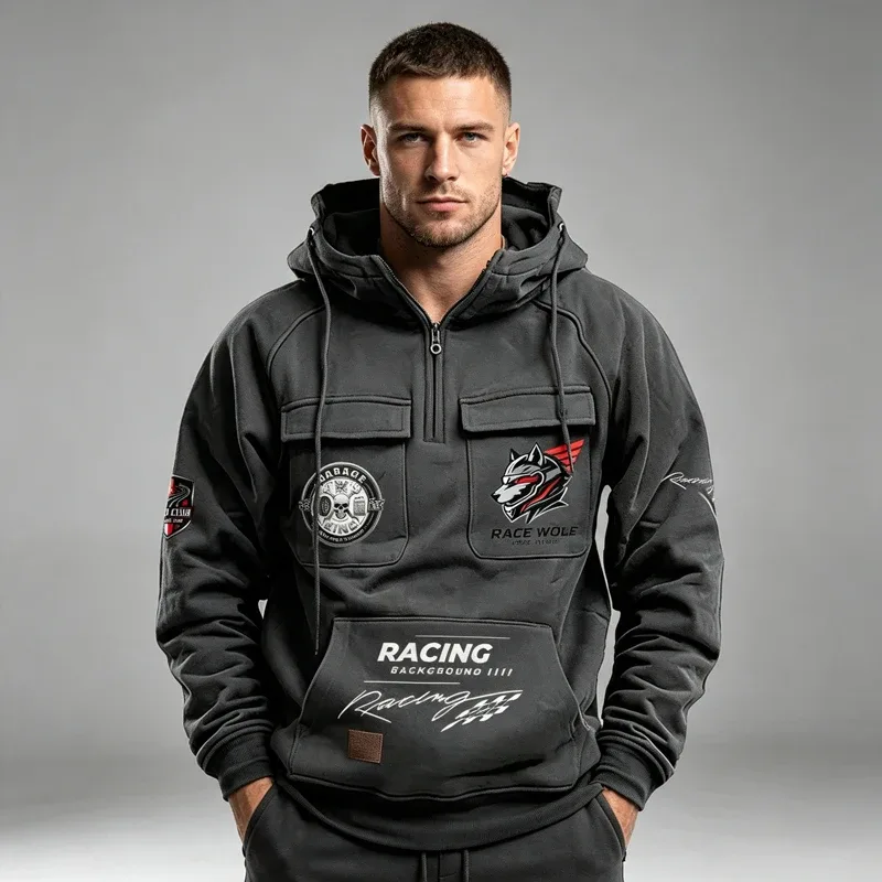 Men's Racing Suit With Large Pockets And Hooded Pullover. Men's Multi-pocket Outdoor Camping Hiking Sports Casual Jacket.